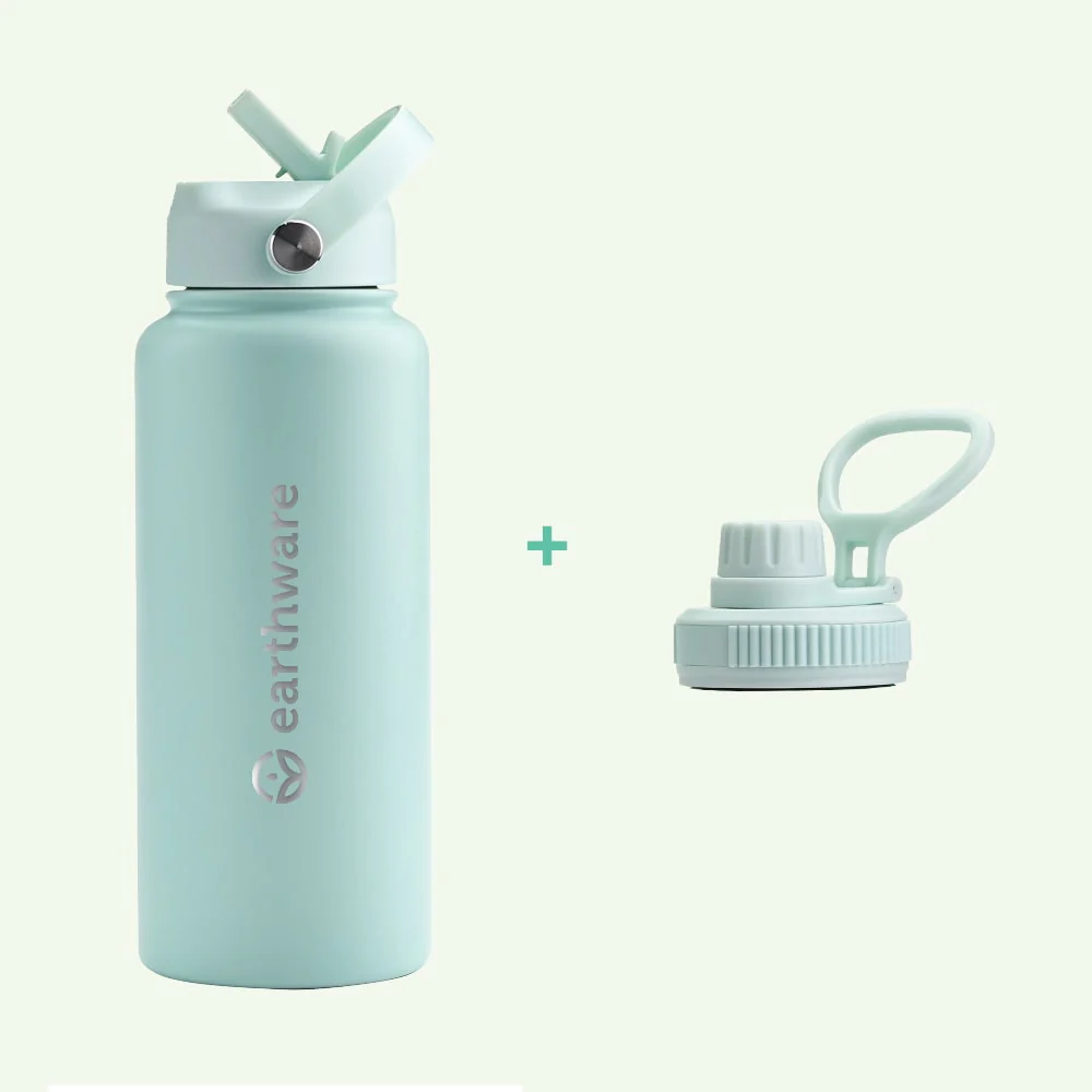 Premium Insulated Water Bottle with 2 x Caps - Mint (1L)