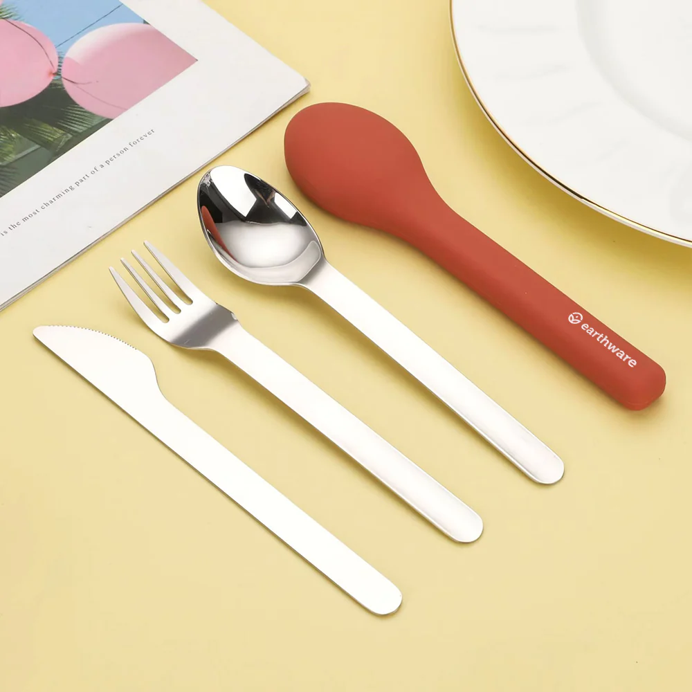 Stainless Steel 3 Piece Reusable Cutlery Set with Protective Silicone Sleeve - Terracotta - Image 6